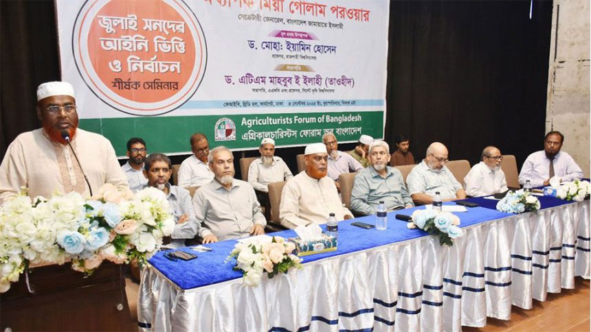 ‘জুলাই সনদের আইনি ভিত্তি ও নির্বাচন শীর্ষক’ সেমিনারে কথা বলছেন মিয়া গোলাম পরওয়ার। ছবি: টাইমস