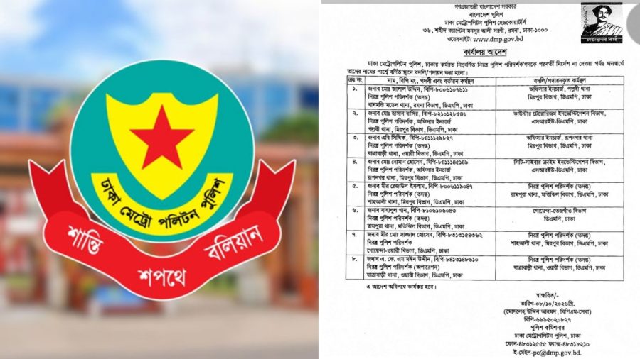 ডিএমপির ৮ পুলিশ পরিদর্শক বদলি, পল্লবী-রূপনগর থানায় নতুন ওসি